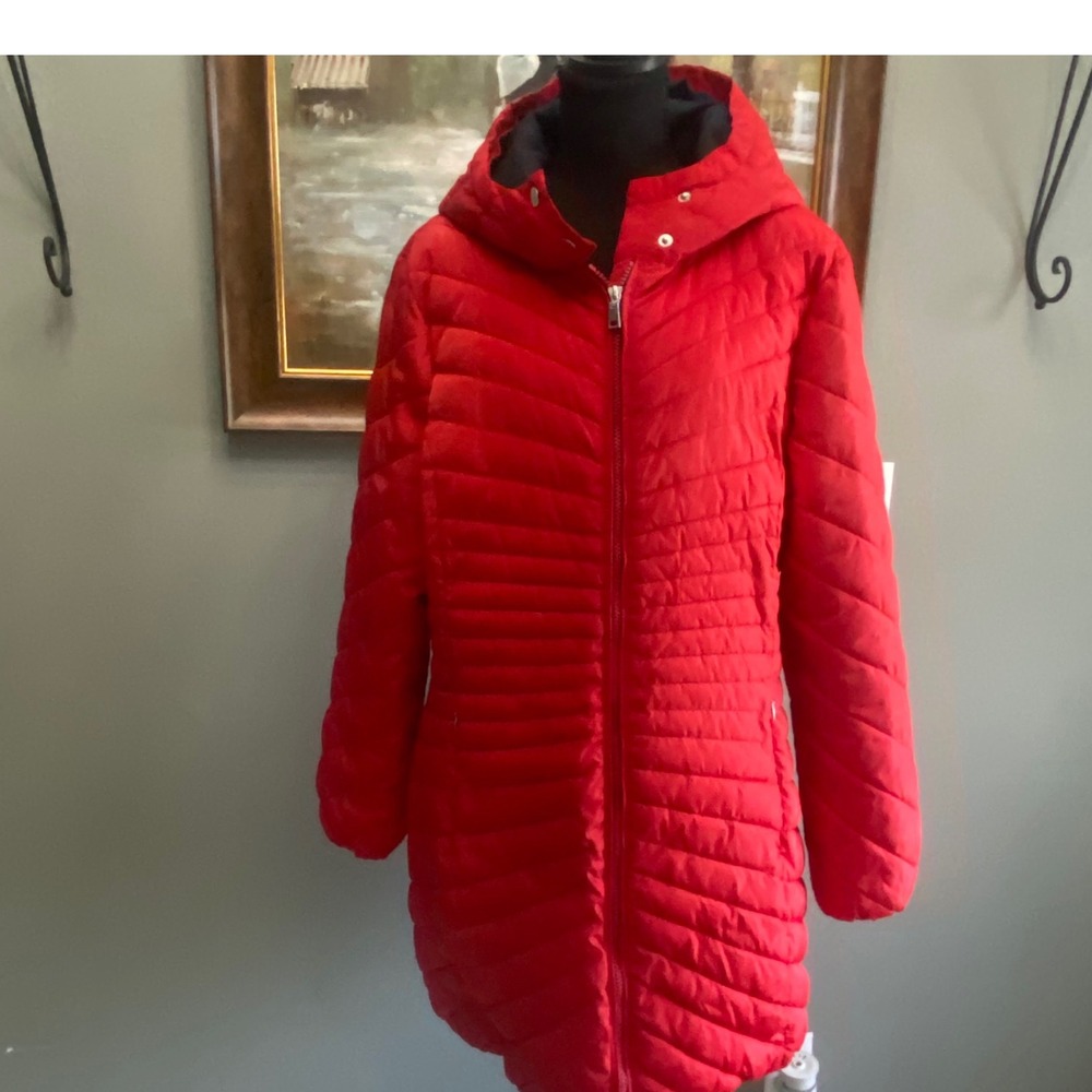 GH Bass & Co Women Red Hooded Quilted Puffer Coat Jacket XL RN 69426